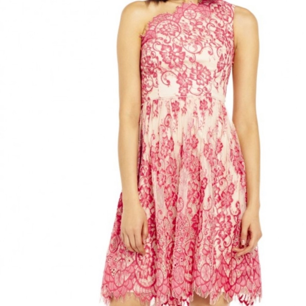 Adrianna Papell Pink Lace One-Shoulder Asymmetrical Dress